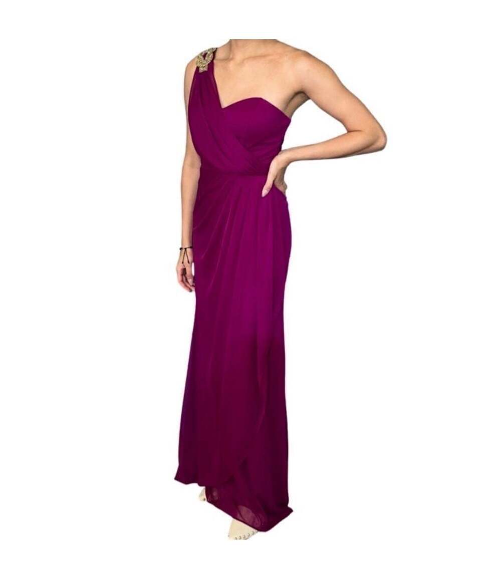Xscape One Shoulder Jeweled Empire Waist Plum Evening Gown